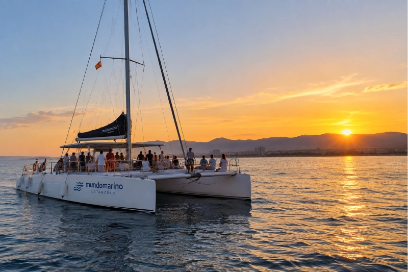 Excursión en catamarán desde Gandía al atardecer Catamarán navegando al atardecer frente a la costa de Gandía