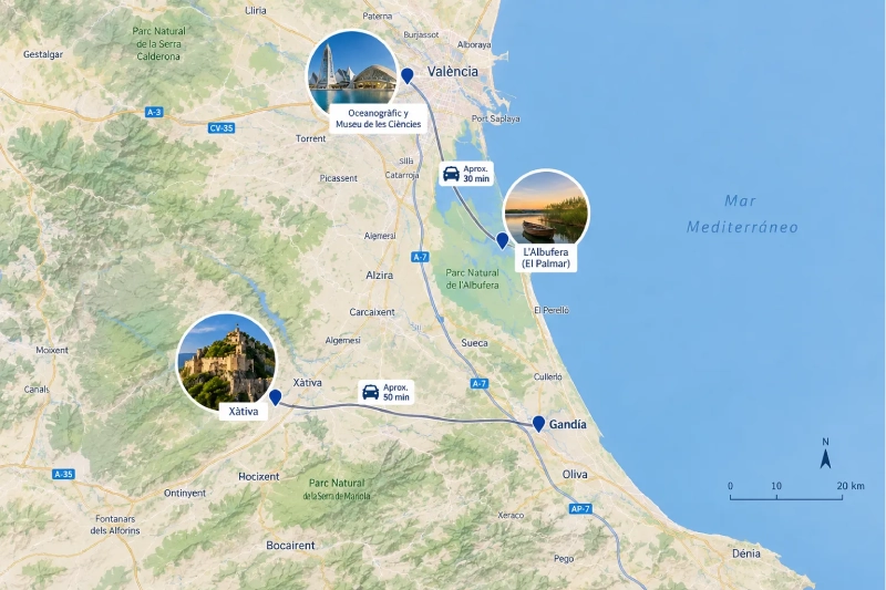 Mapa de excursiones cerca de Gandía Mapa de excursiones cerca de Gandía y principales destinos de Valencia